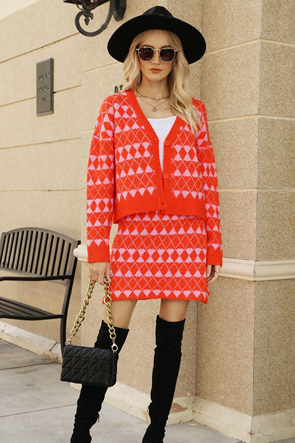 Geometric Dropped Shoulder Cardigan and Knit Skirt Set BLUE ZONE PLANET