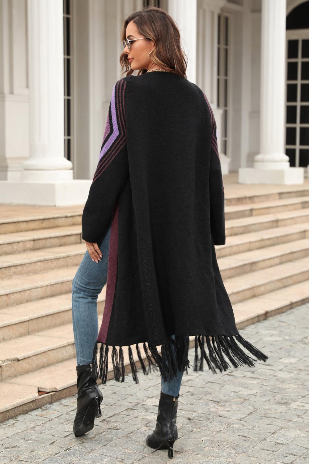 Geometric Fringe Hem Open Front Duster Cardigan BLUE ZONE PLANET