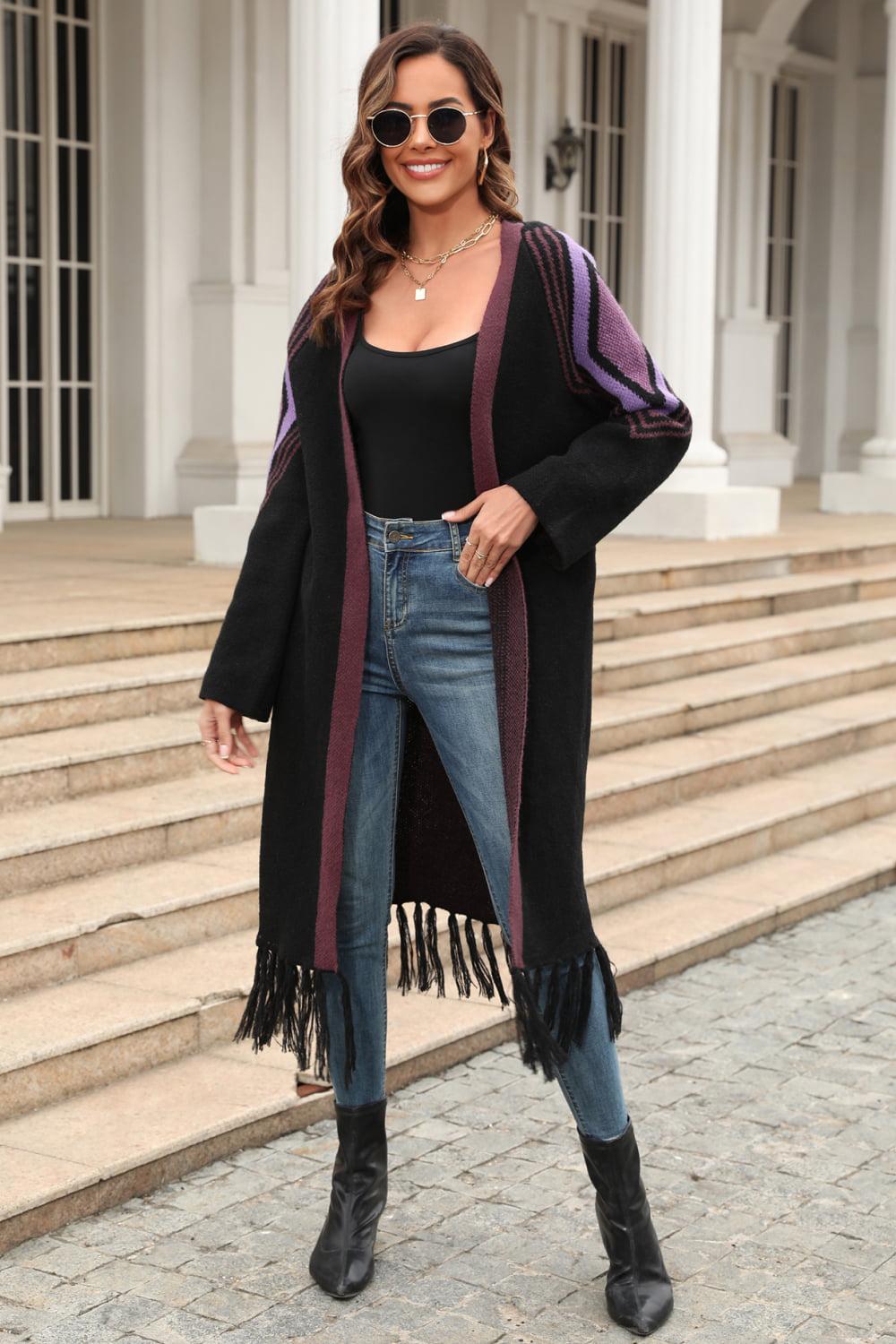 Geometric Fringe Hem Open Front Duster Cardigan BLUE ZONE PLANET