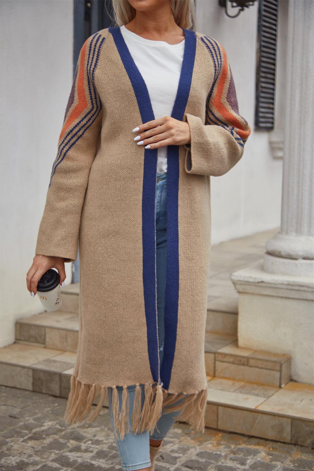 Geometric Fringe Hem Open Front Duster Cardigan BLUE ZONE PLANET