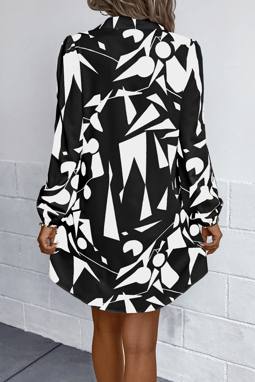Geometric Long Sleeve Shirt Dress BLUE ZONE PLANET