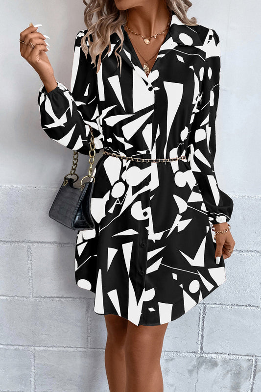 Geometric Long Sleeve Shirt Dress BLUE ZONE PLANET