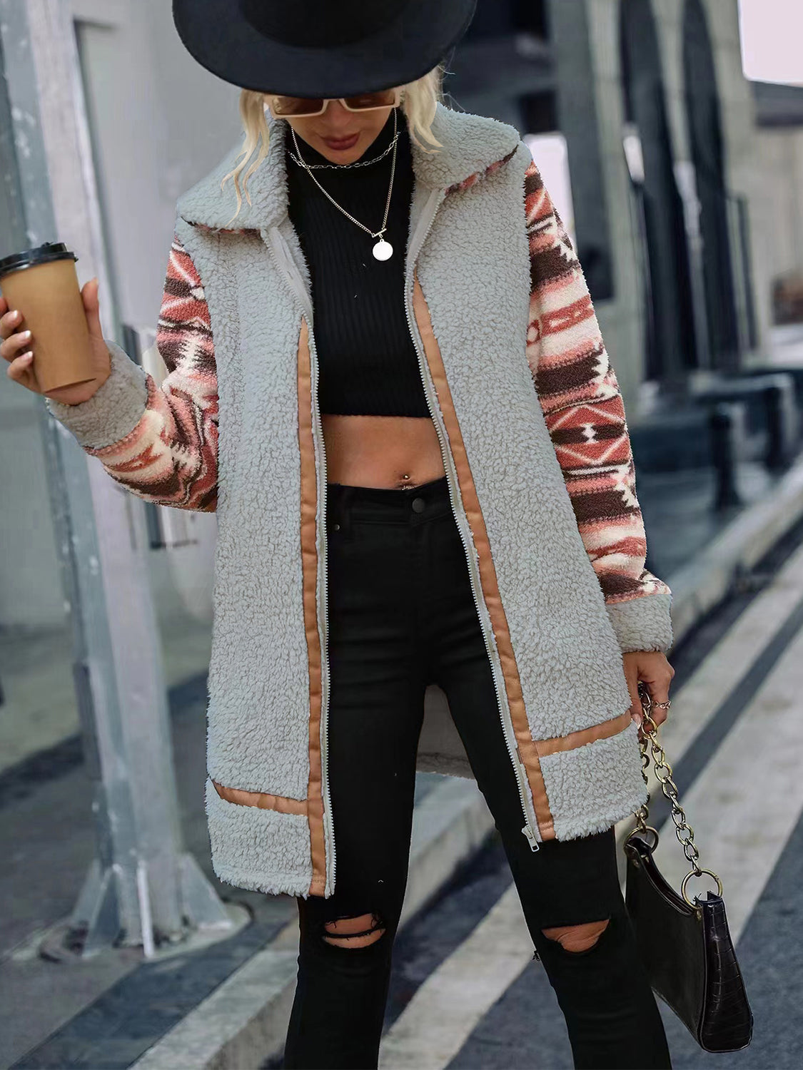 Geometric Zip-Up Collared Sherpa Jacket BLUE ZONE PLANET