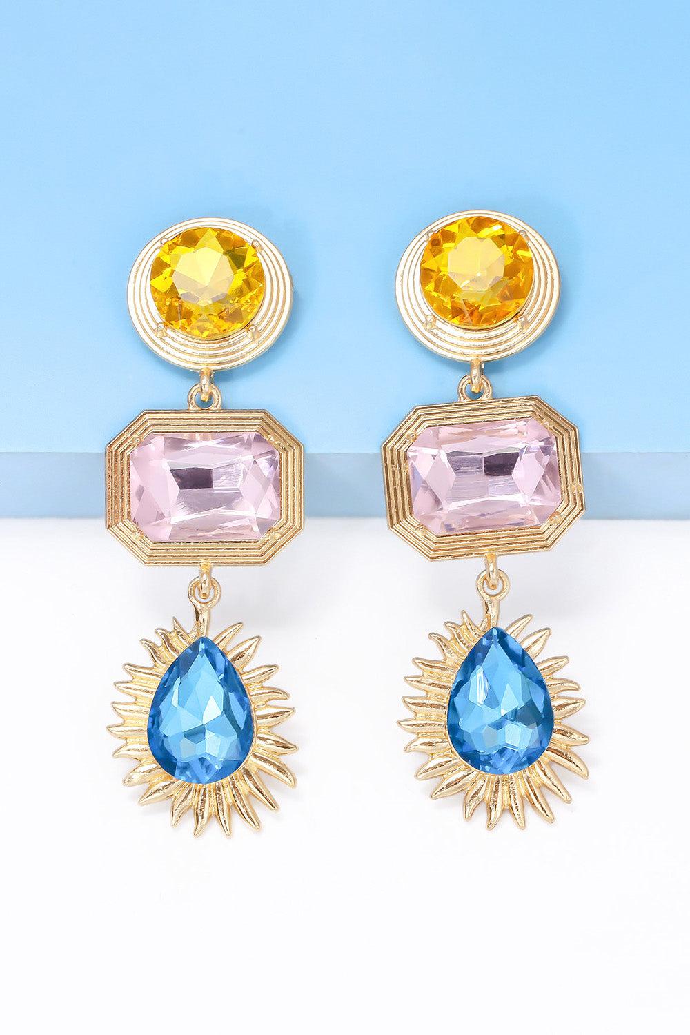 Geometrical Shape Zinc Alloy Frame Glass Dangle Earrings BLUE ZONE PLANET