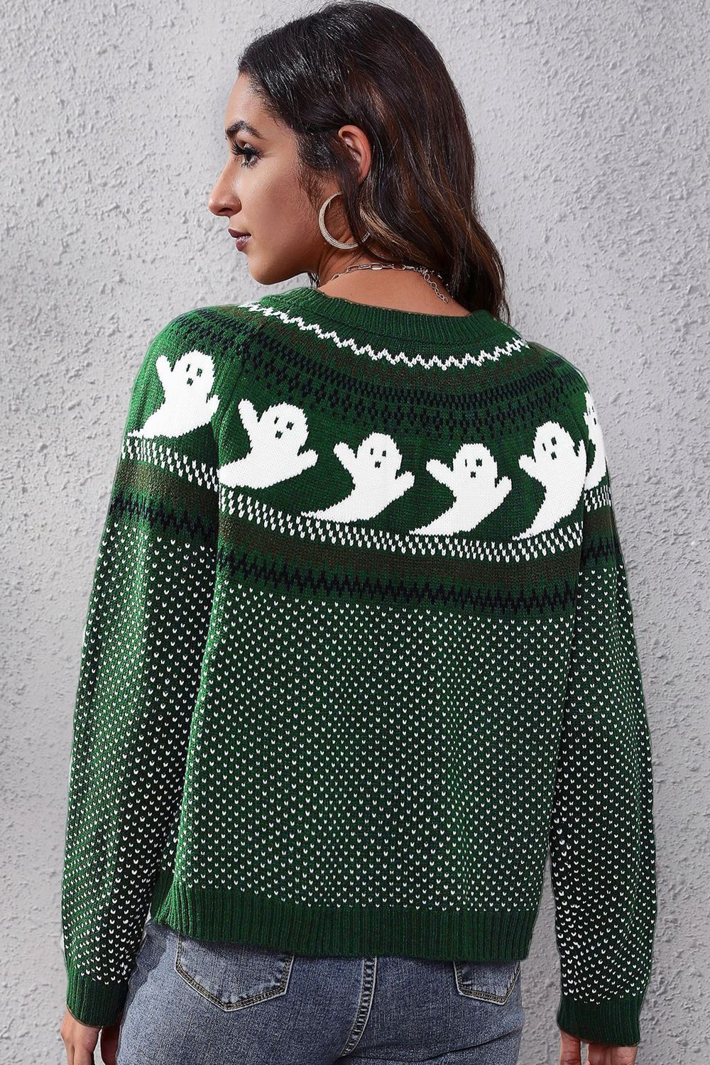 Ghost Pattern Round Neck Long Sleeve Sweater BLUE ZONE PLANET