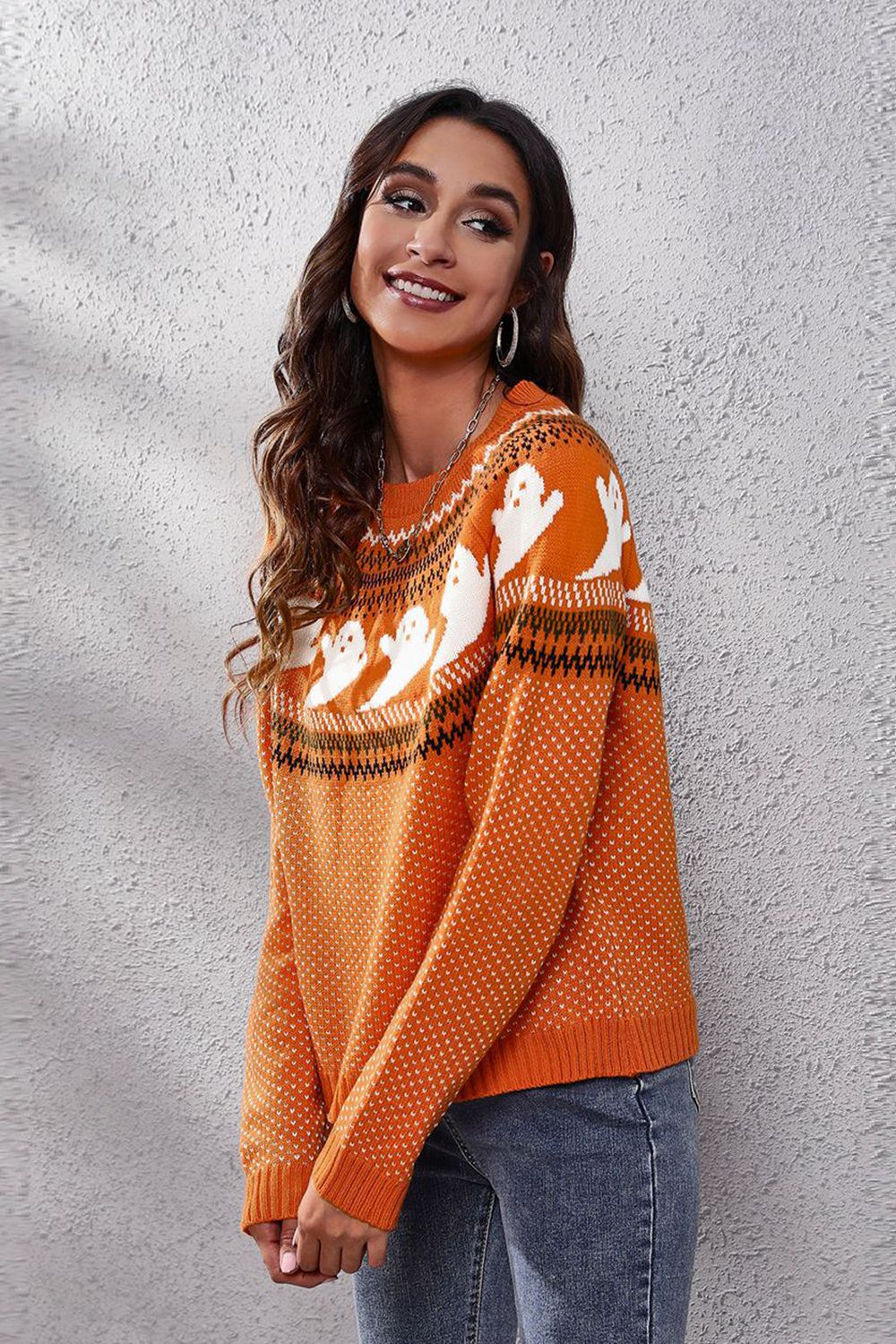 Ghost Pattern Round Neck Long Sleeve Sweater BLUE ZONE PLANET