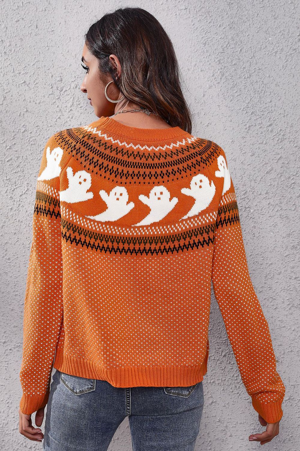 Ghost Pattern Round Neck Long Sleeve Sweater BLUE ZONE PLANET