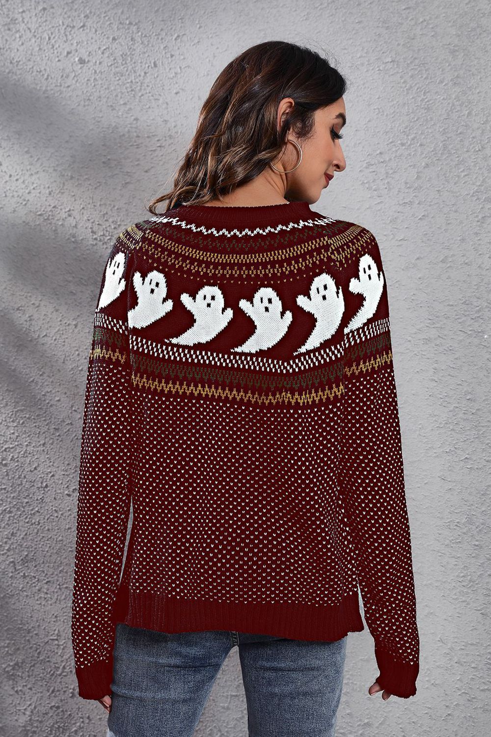 Ghost Pattern Round Neck Long Sleeve Sweater BLUE ZONE PLANET