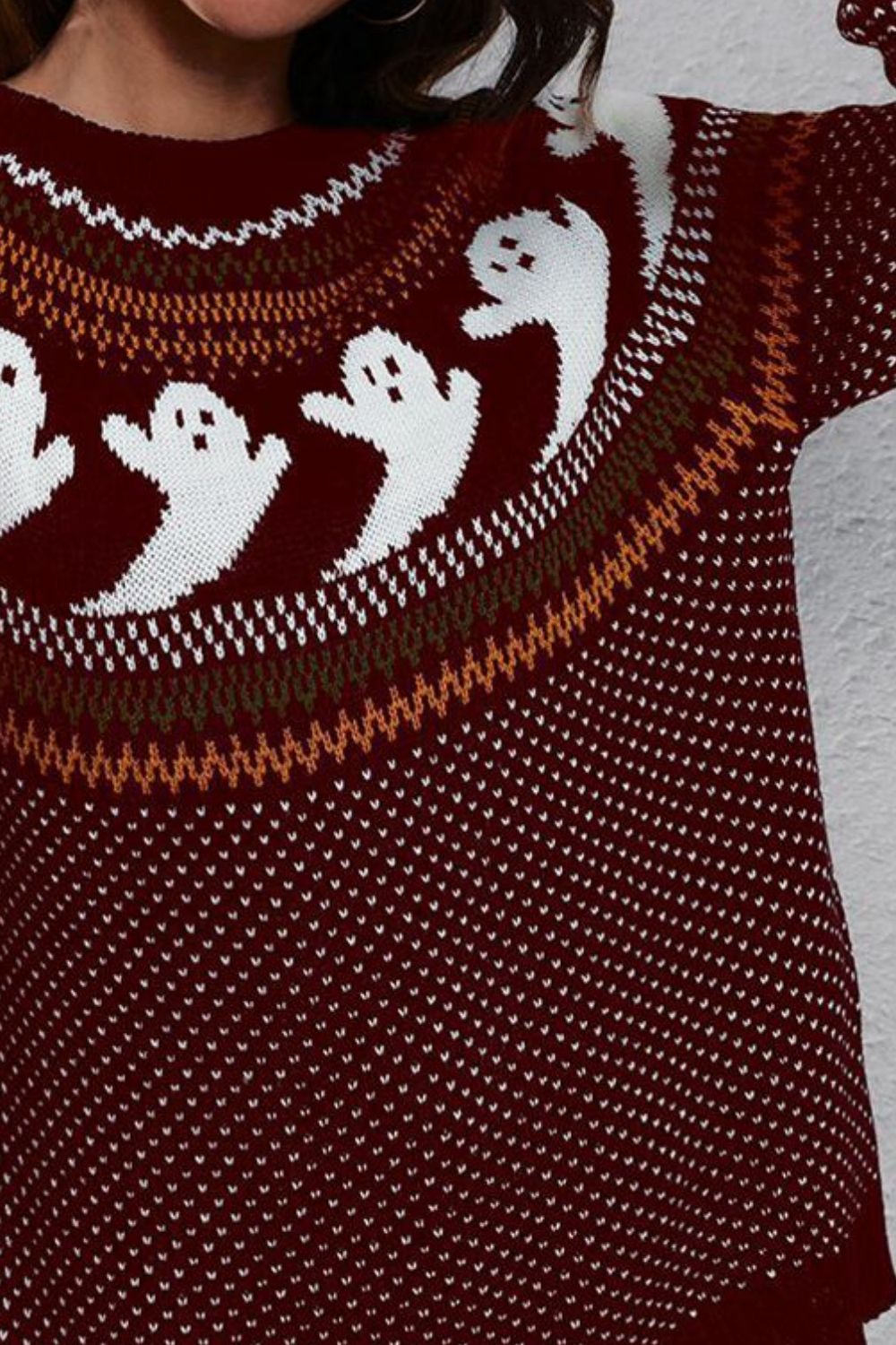 Ghost Pattern Round Neck Long Sleeve Sweater BLUE ZONE PLANET