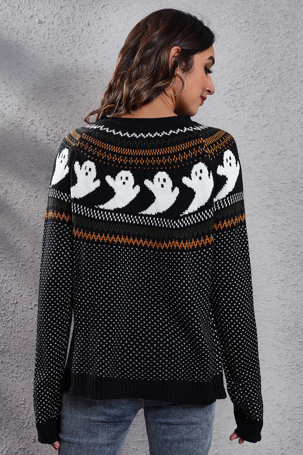 Ghost Pattern Round Neck Long Sleeve Sweater BLUE ZONE PLANET