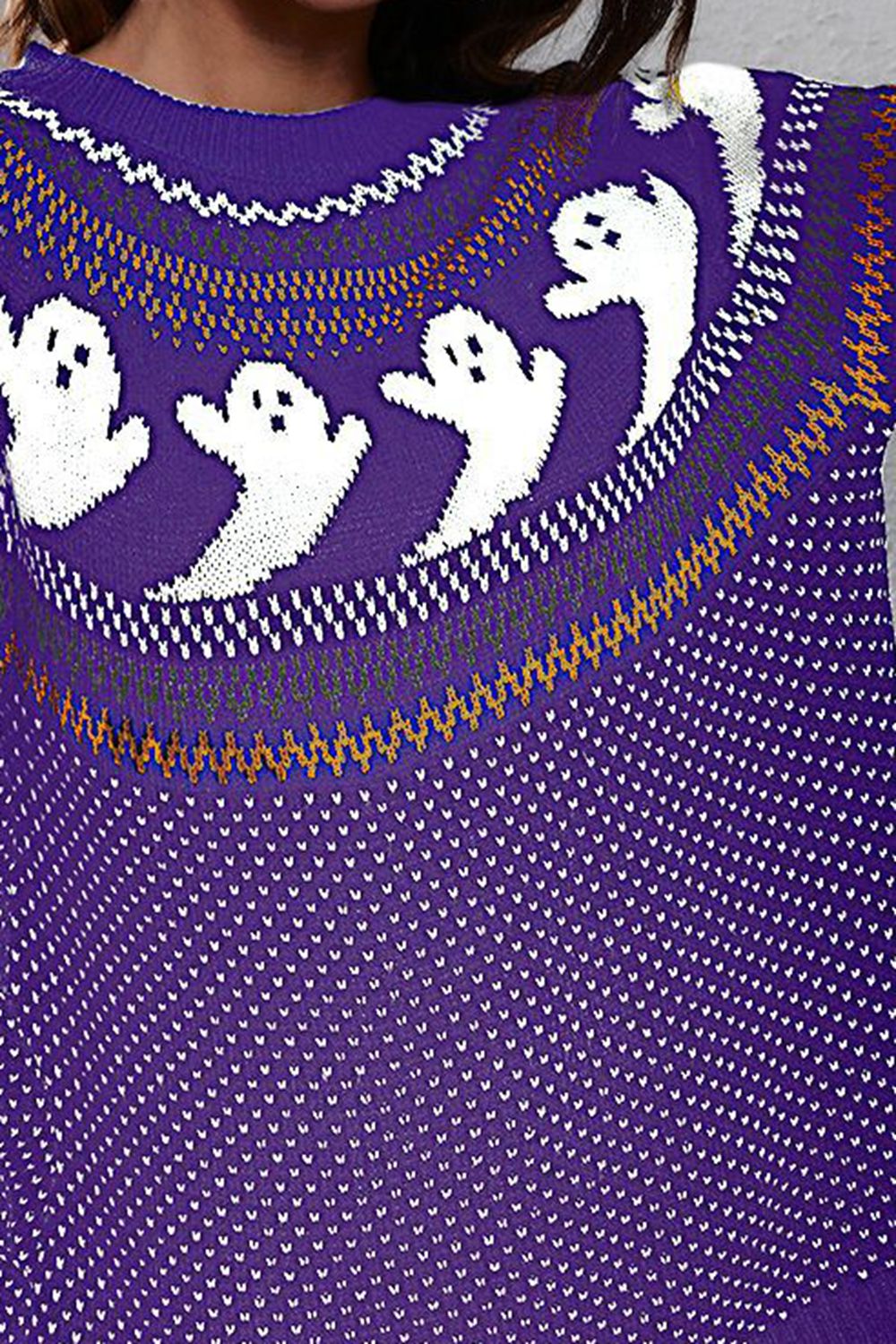Ghost Pattern Round Neck Long Sleeve Sweater BLUE ZONE PLANET