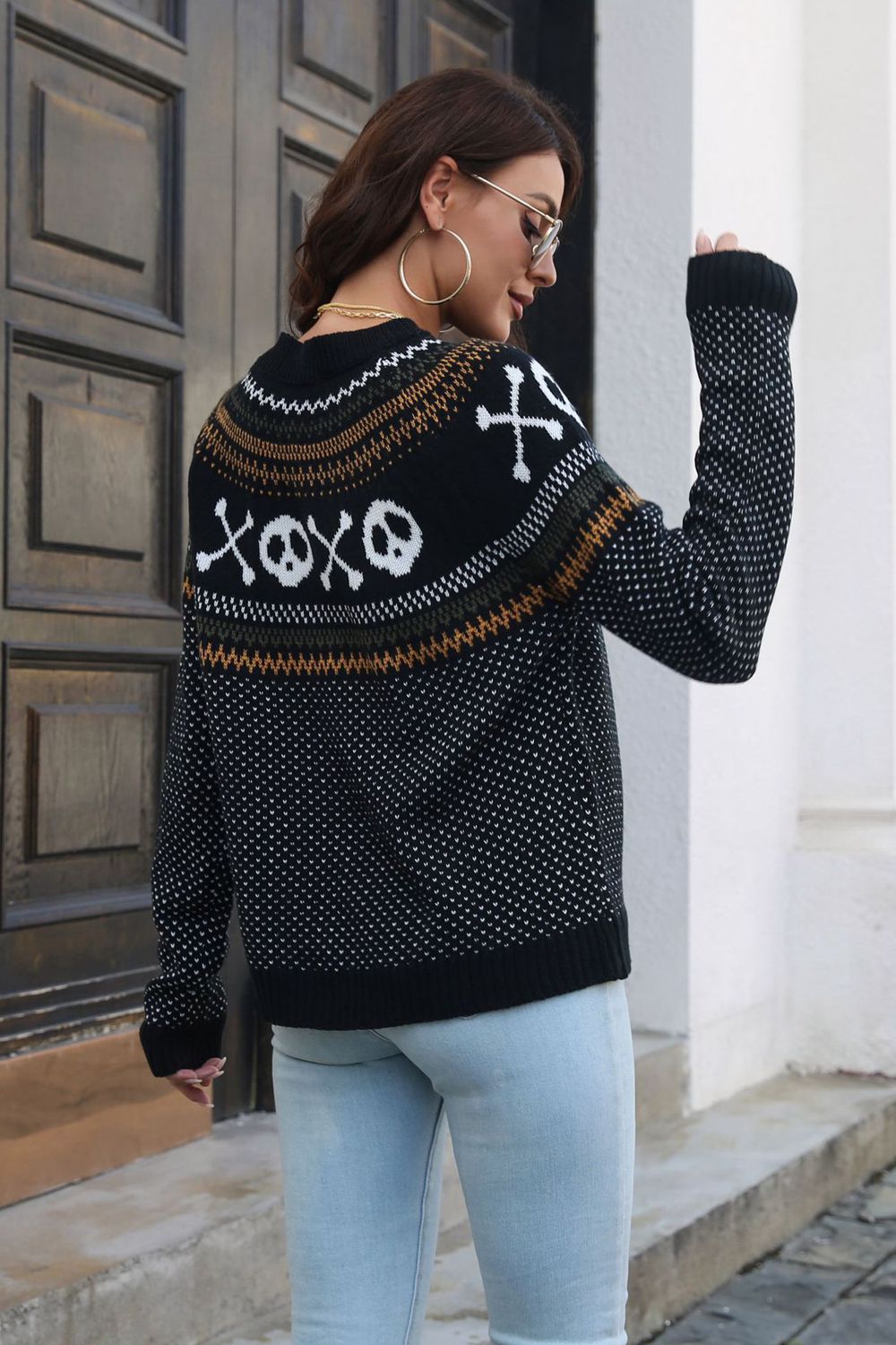Ghost Pattern Round Neck Long Sleeve Sweater BLUE ZONE PLANET