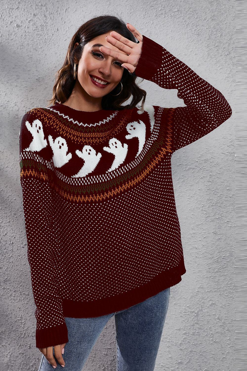 Ghost Pattern Round Neck Long Sleeve Sweater BLUE ZONE PLANET
