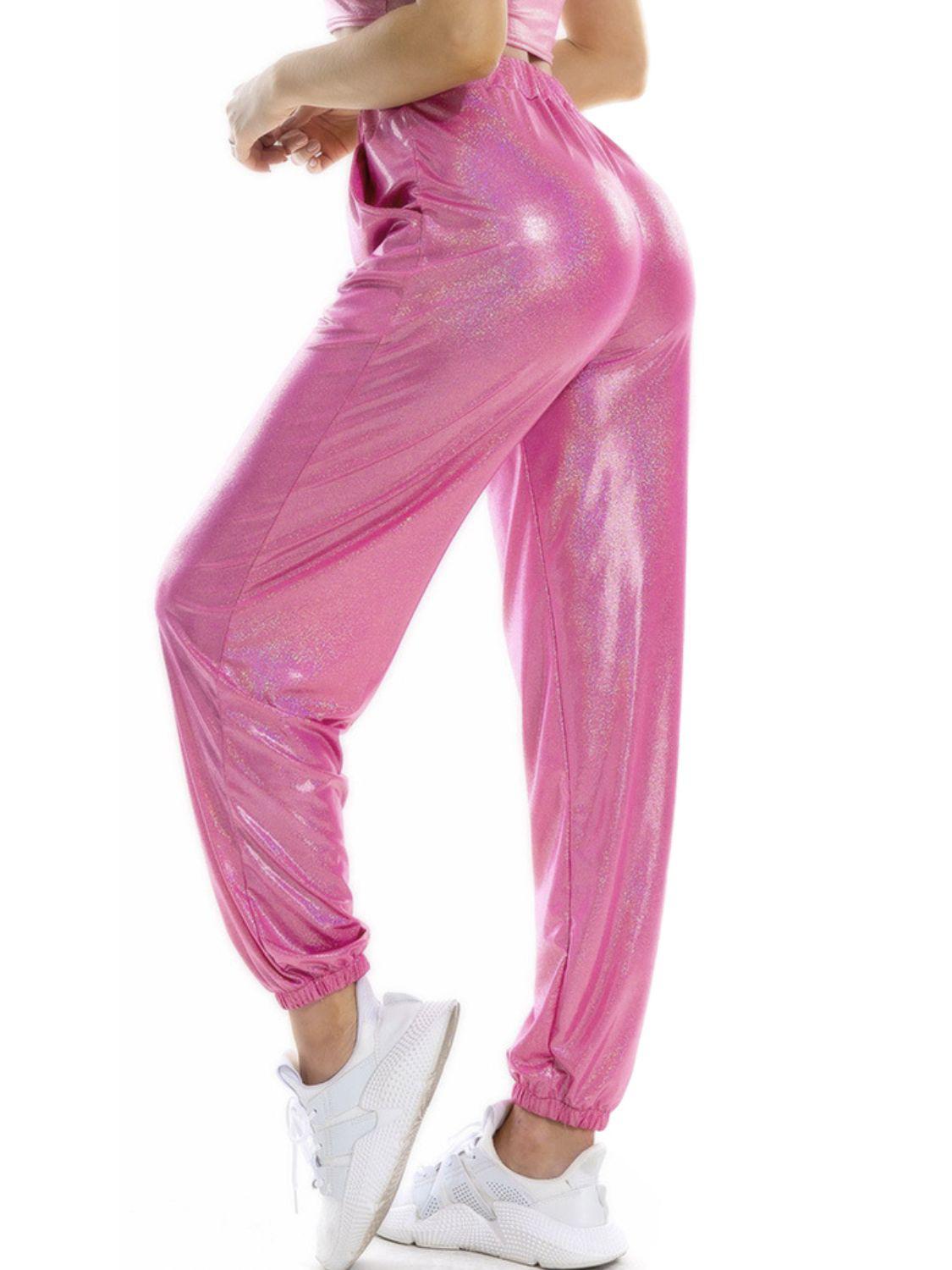 Glitter Elastic Waist Pants with Pockets BLUE ZONE PLANET