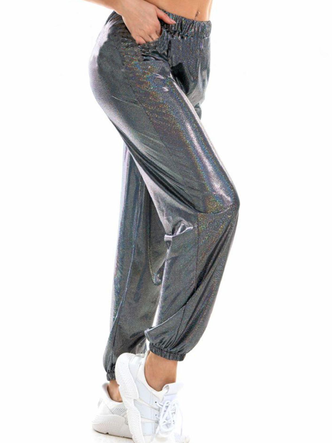 Glitter Elastic Waist Pants with Pockets BLUE ZONE PLANET