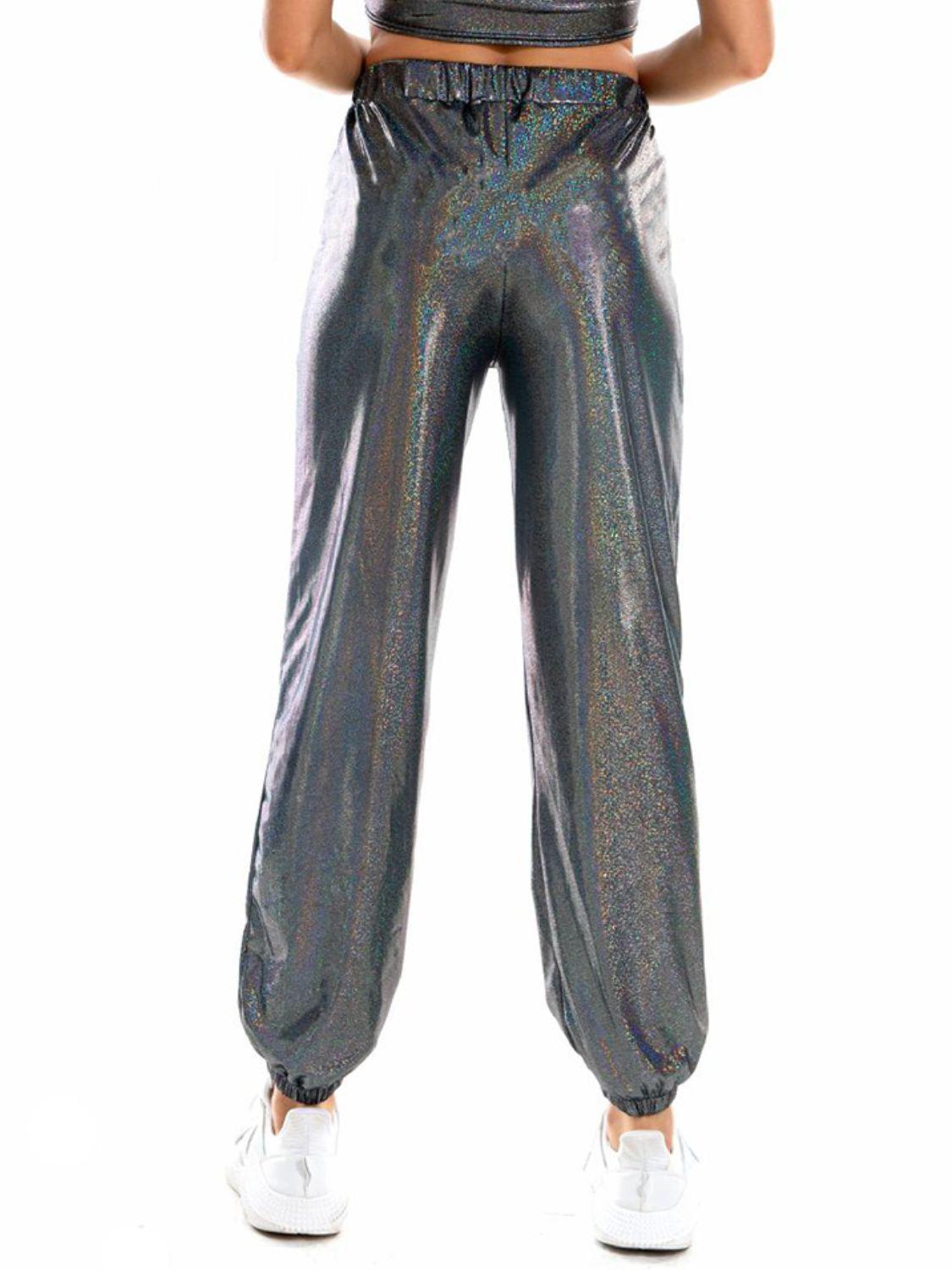 Glitter Elastic Waist Pants with Pockets BLUE ZONE PLANET