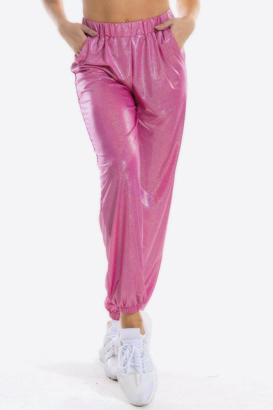 Glitter Elastic Waist Pants with Pockets BLUE ZONE PLANET