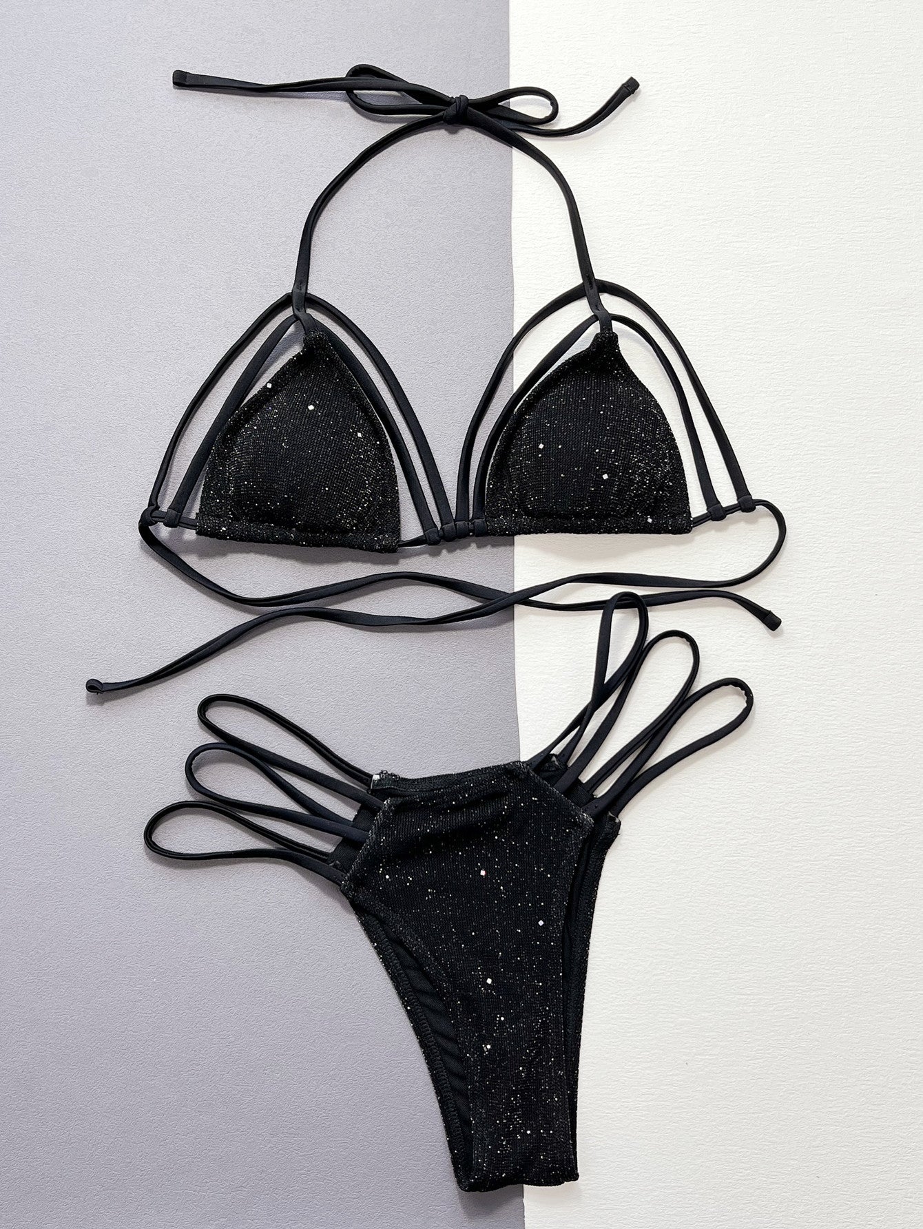 Glitter Halter Neck Strappy Two-Piece Bikini Set BLUE ZONE PLANET