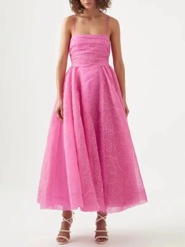 Grace's Jacquard Spaghetti Strap Bandeau Waist Maxi Prom Dress kakaclo