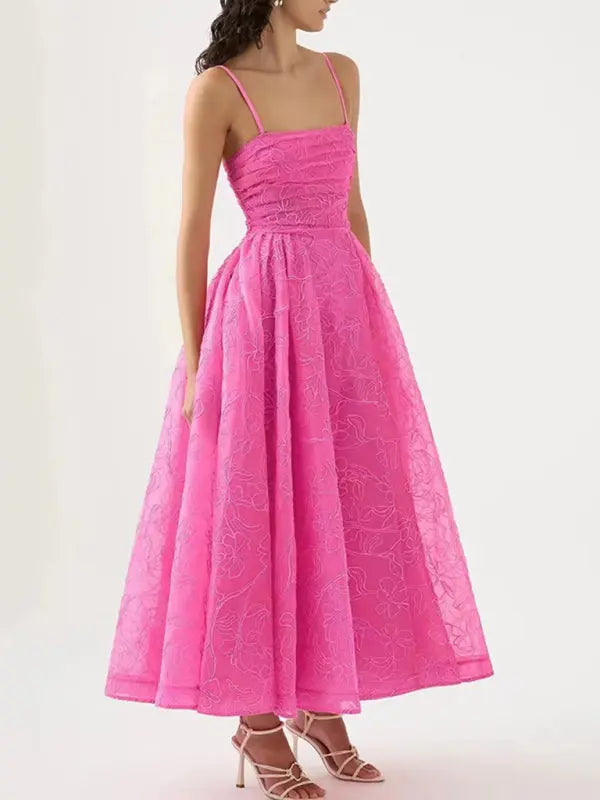 Grace's Jacquard Spaghetti Strap Bandeau Waist Maxi Prom Dress kakaclo