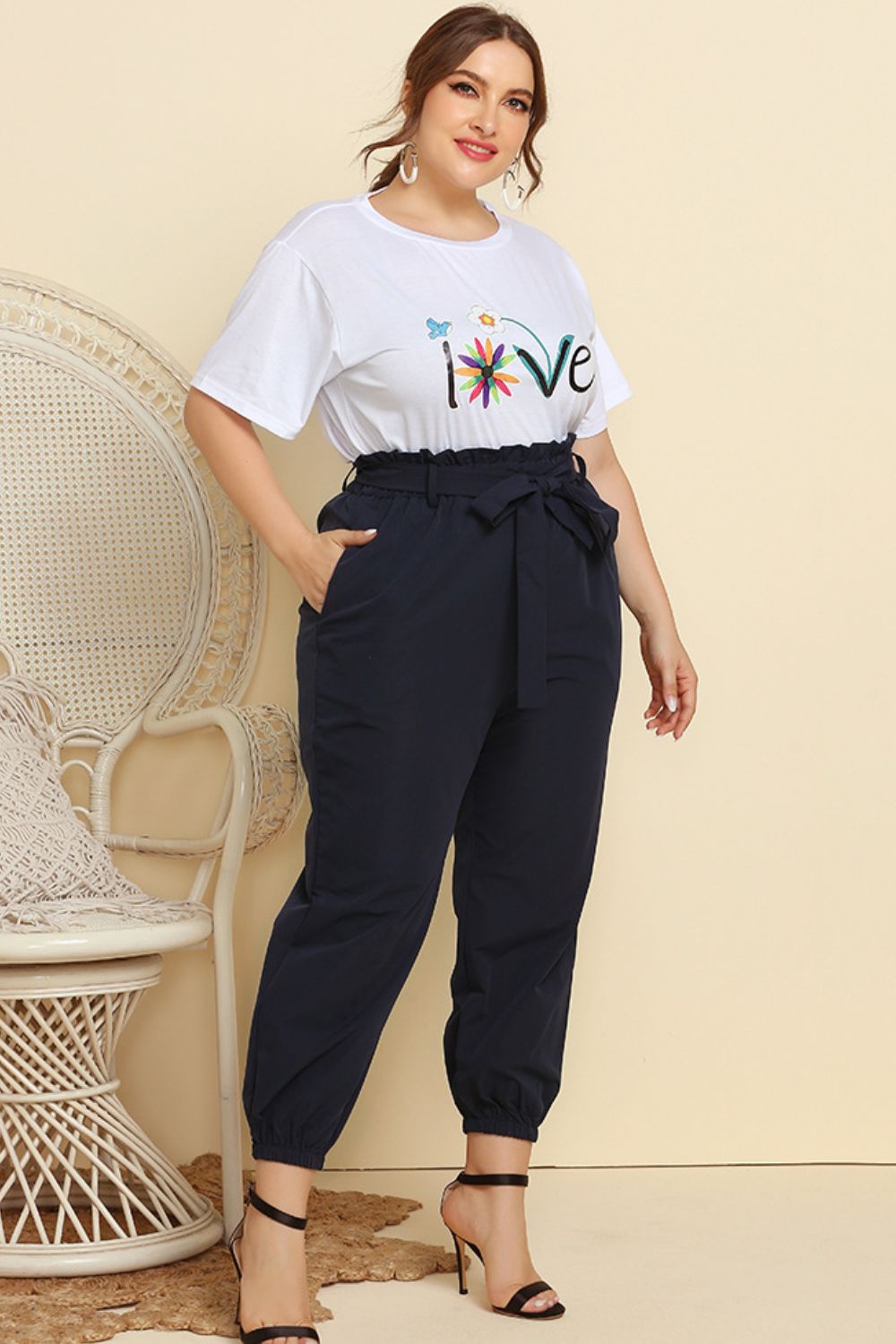 Graphic Tee and Belted Paperbag Joggers Set BLUE ZONE PLANET