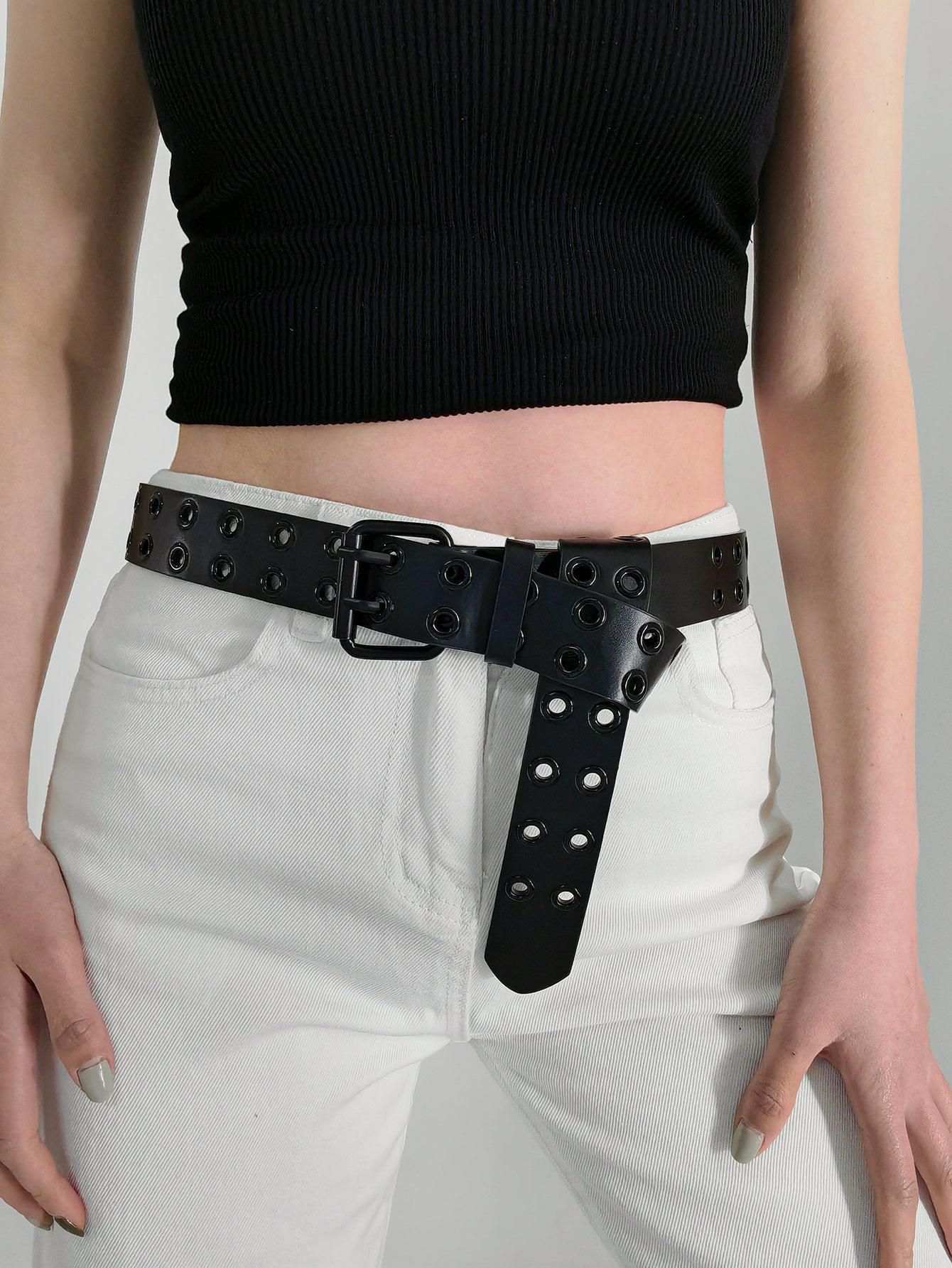 Double Row Star Grommet PU Leather Belt Black / M