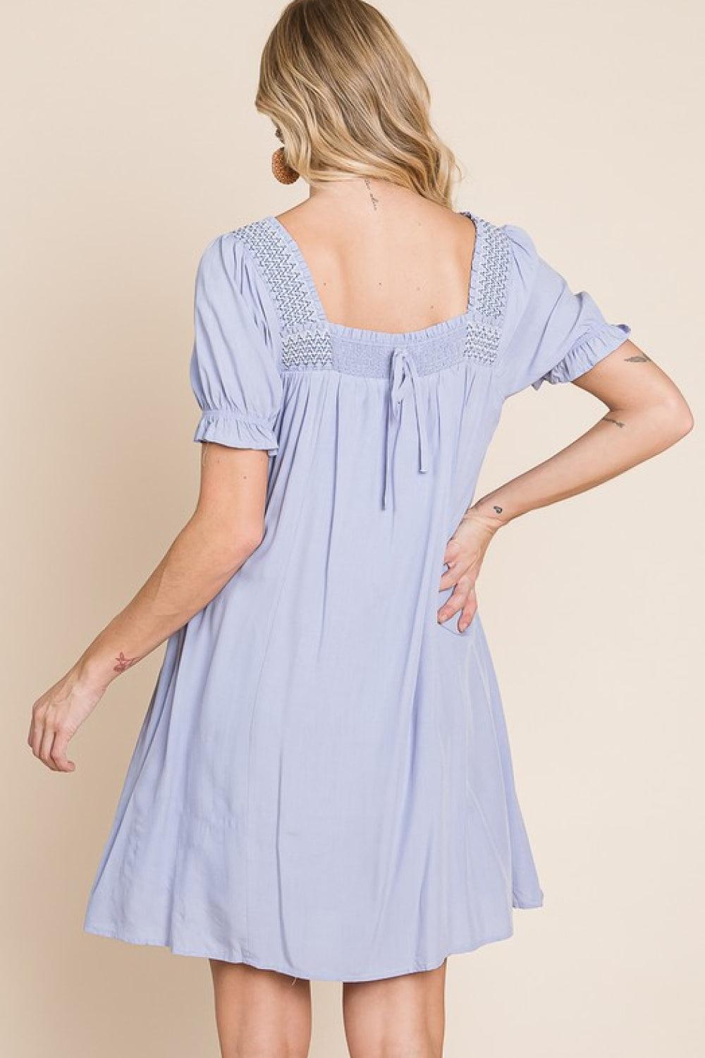 HEYSON Boho Full Size Scenic Overlook Puff Sleeve Embroidered Mini Dress BLUE ZONE PLANET