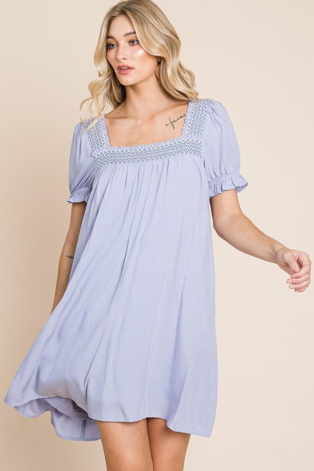HEYSON Boho Full Size Scenic Overlook Puff Sleeve Embroidered Mini Dress BLUE ZONE PLANET