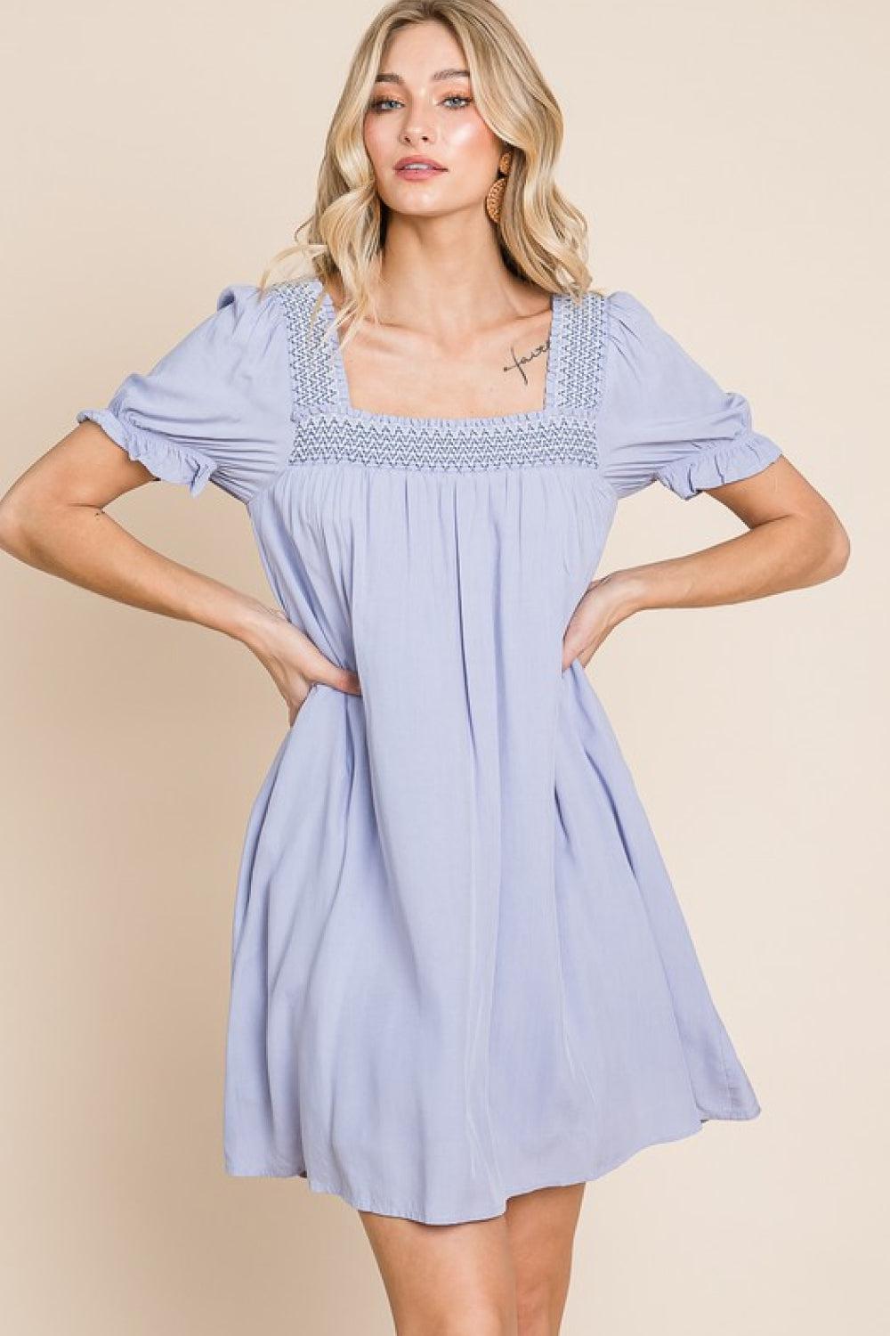 HEYSON Boho Full Size Scenic Overlook Puff Sleeve Embroidered Mini Dress BLUE ZONE PLANET
