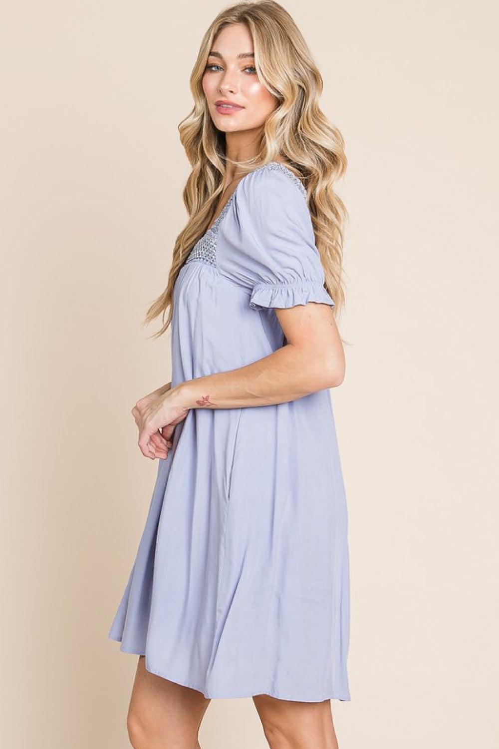 HEYSON Boho Full Size Scenic Overlook Puff Sleeve Embroidered Mini Dress BLUE ZONE PLANET