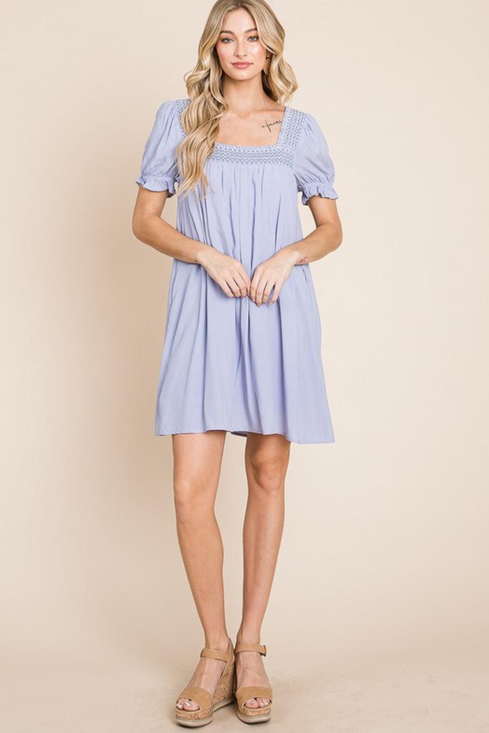 HEYSON Boho Full Size Scenic Overlook Puff Sleeve Embroidered Mini Dress BLUE ZONE PLANET