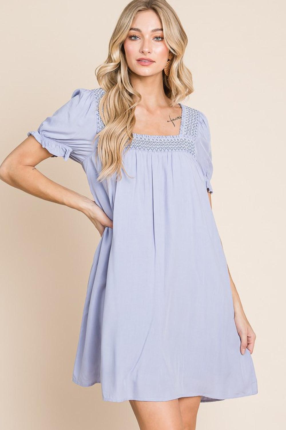 HEYSON Boho Full Size Scenic Overlook Puff Sleeve Embroidered Mini Dress BLUE ZONE PLANET