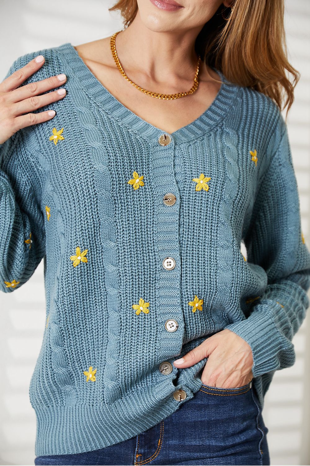 HEYSON Full Size Floral Embroidered Cable Cardigan BLUE ZONE PLANET