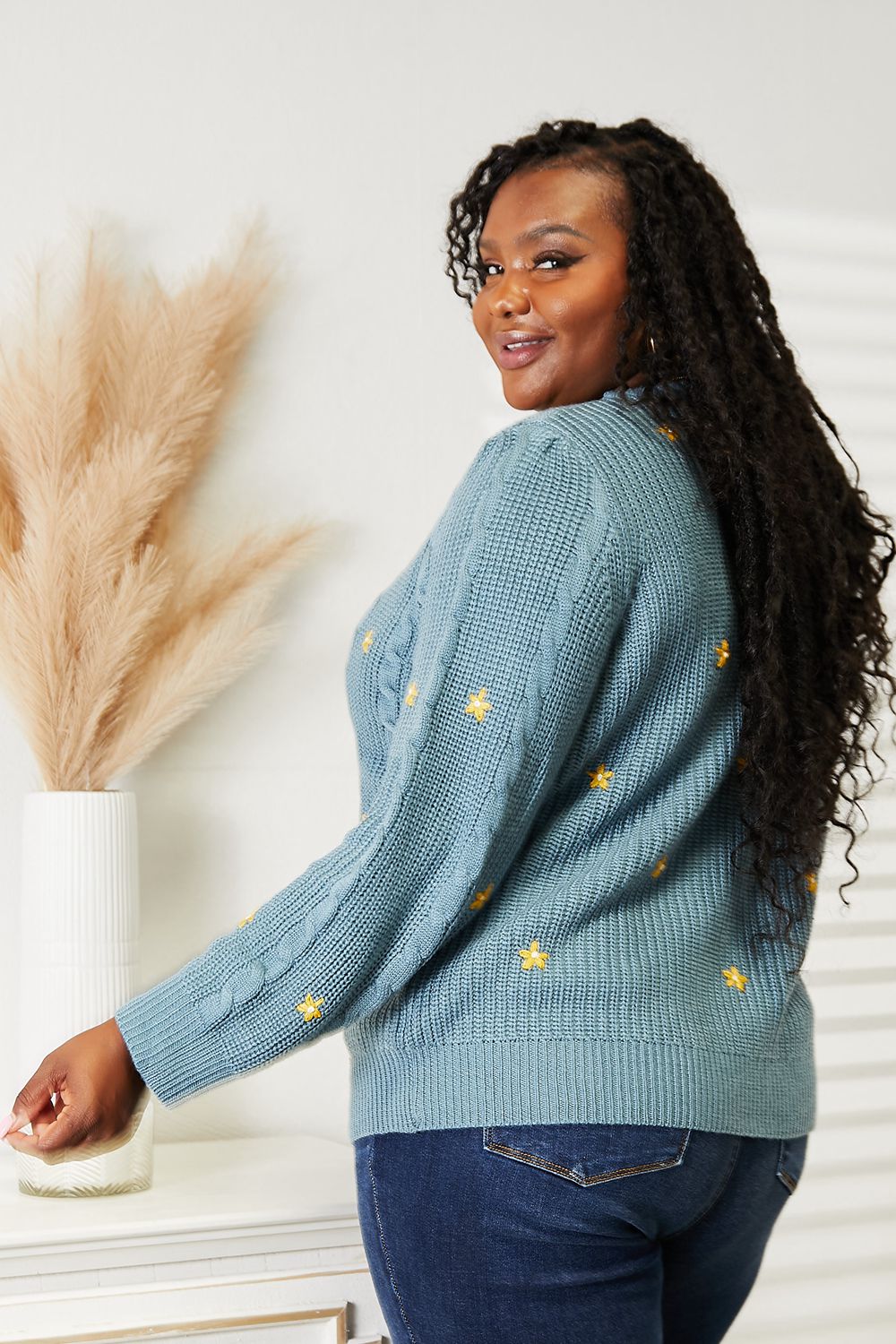 HEYSON Full Size Floral Embroidered Cable Cardigan BLUE ZONE PLANET