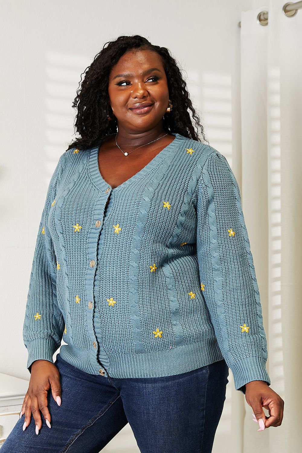 HEYSON Full Size Floral Embroidered Cable Cardigan BLUE ZONE PLANET