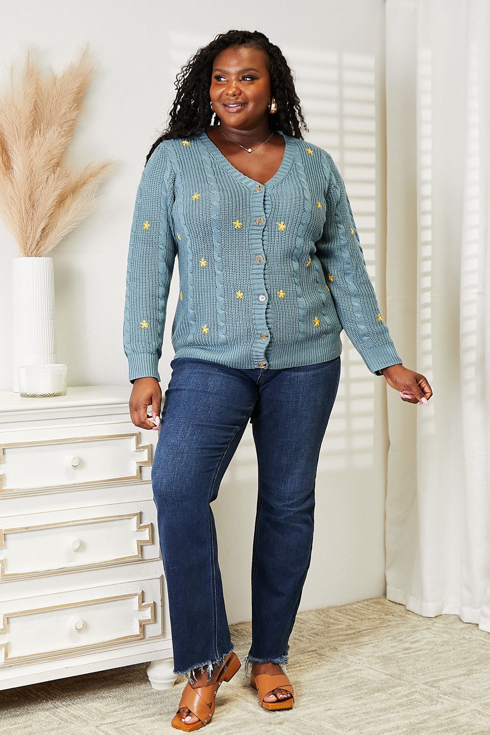 HEYSON Full Size Floral Embroidered Cable Cardigan BLUE ZONE PLANET
