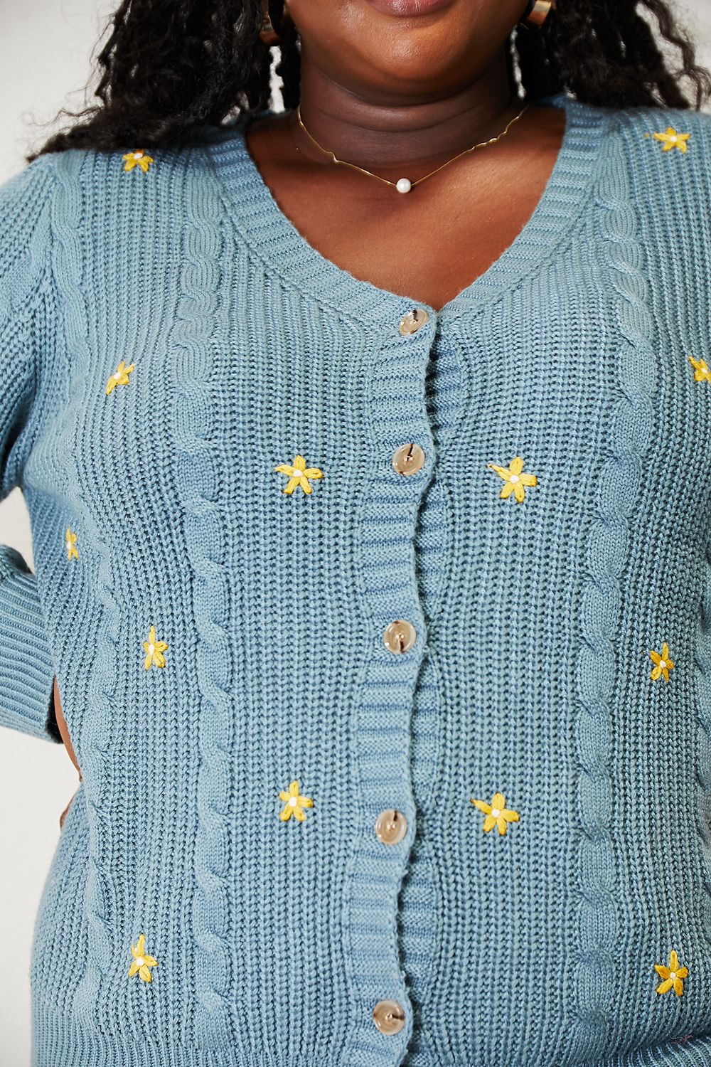 HEYSON Full Size Floral Embroidered Cable Cardigan BLUE ZONE PLANET