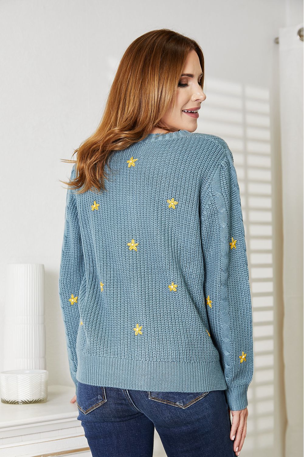 HEYSON Full Size Floral Embroidered Cable Cardigan BLUE ZONE PLANET