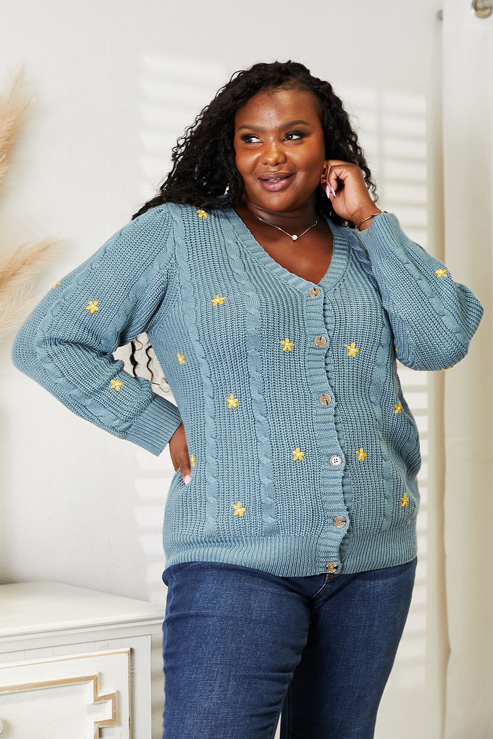 HEYSON Full Size Floral Embroidered Cable Cardigan BLUE ZONE PLANET