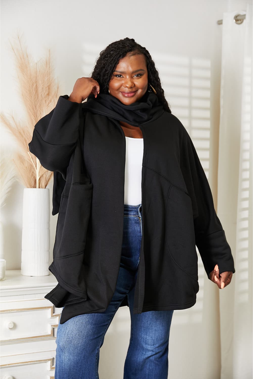 HEYSON Full Size Open Front Cardigan with Scarf Design BLUE ZONE PLANET