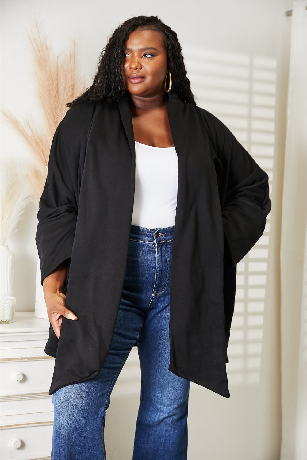 HEYSON Full Size Open Front Cardigan with Scarf Design BLUE ZONE PLANET