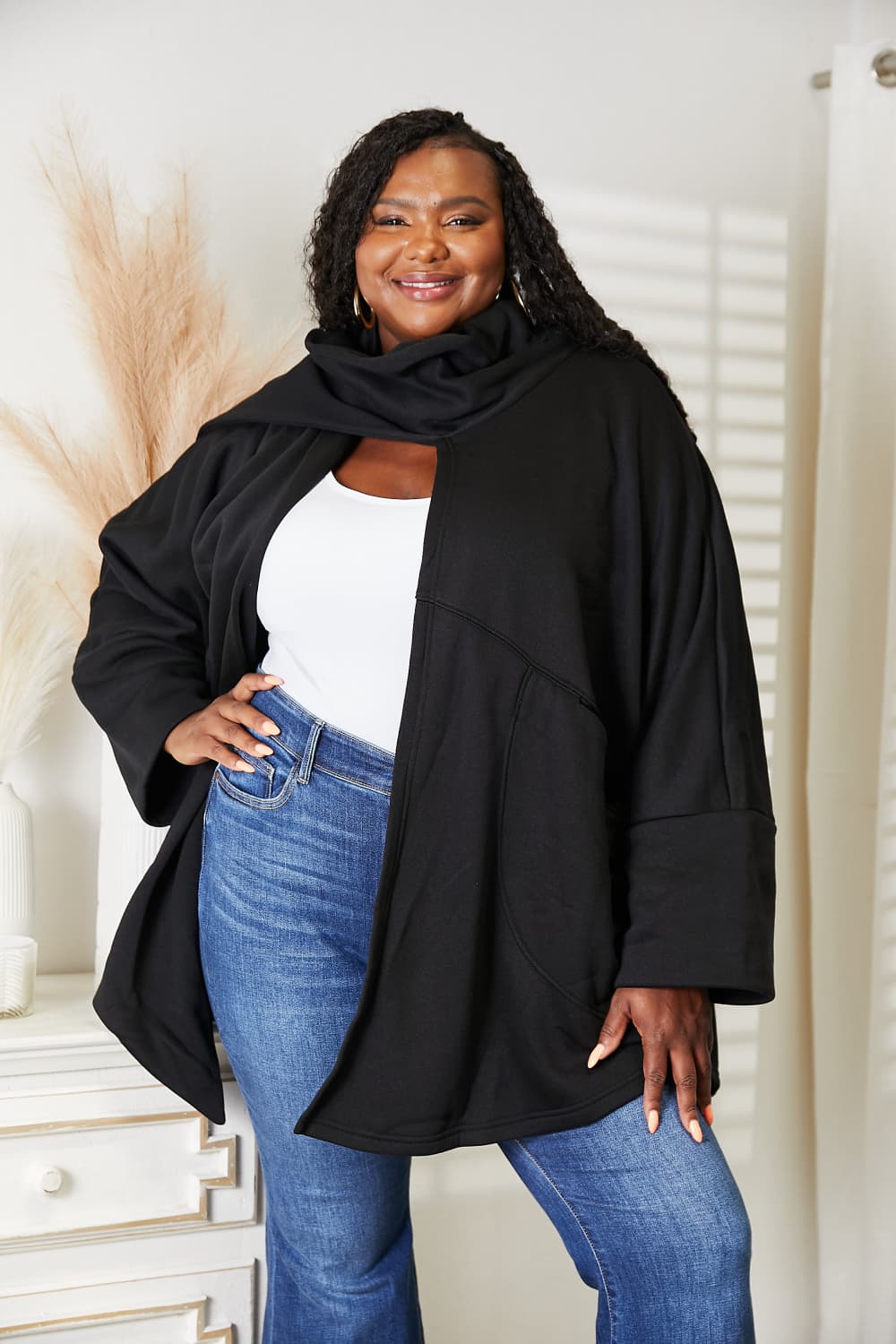 HEYSON Full Size Open Front Cardigan with Scarf Design BLUE ZONE PLANET