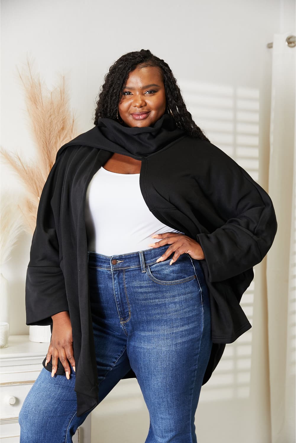 HEYSON Full Size Open Front Cardigan with Scarf Design BLUE ZONE PLANET