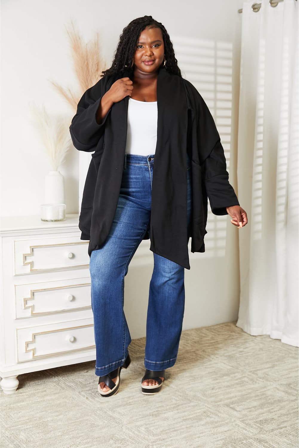 HEYSON Full Size Open Front Cardigan with Scarf Design BLUE ZONE PLANET