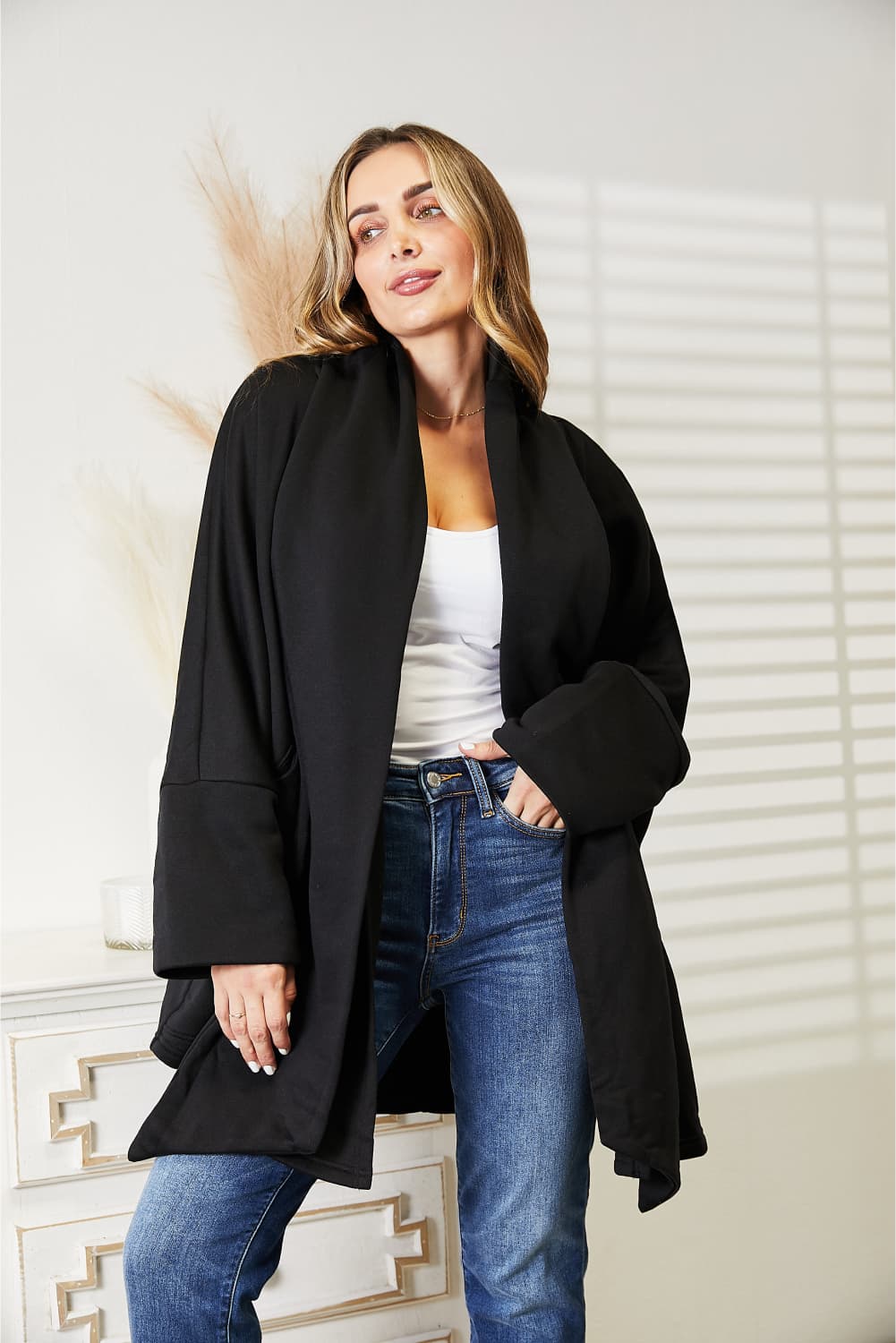 HEYSON Full Size Open Front Cardigan with Scarf Design BLUE ZONE PLANET