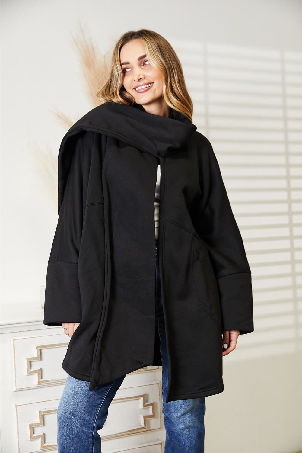 HEYSON Full Size Open Front Cardigan with Scarf Design BLUE ZONE PLANET
