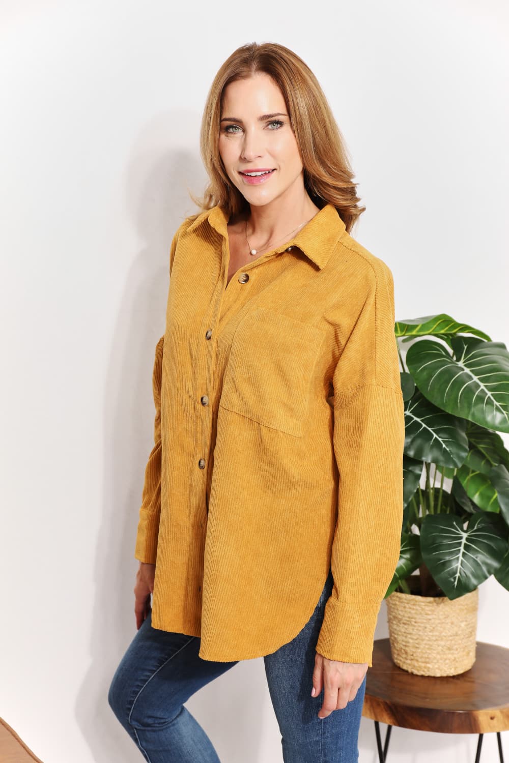 HEYSON Full Size Oversized Corduroy  Button-Down Tunic Shirt with Bust Pocket BLUE ZONE PLANET