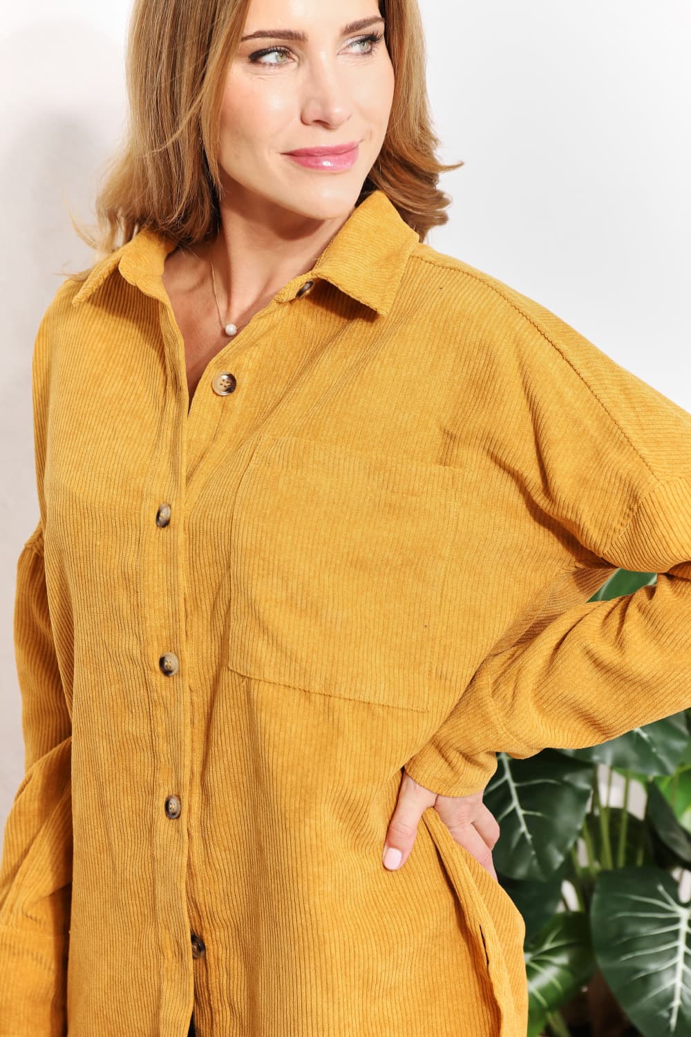 HEYSON Full Size Oversized Corduroy  Button-Down Tunic Shirt with Bust Pocket BLUE ZONE PLANET