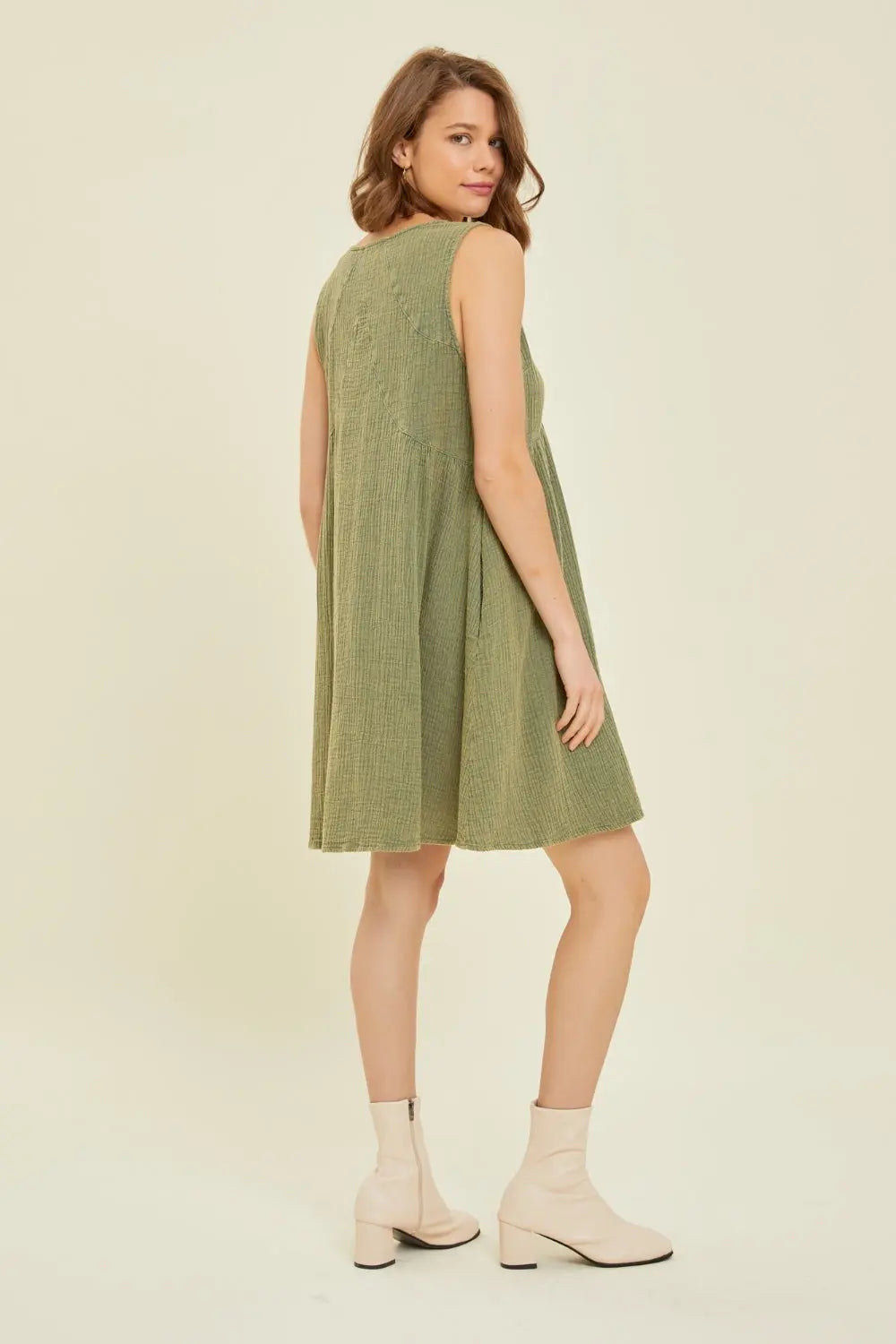 HEYSON Full Size Texture V-Neck Sleeveless Flare Mini Dress Trendsi