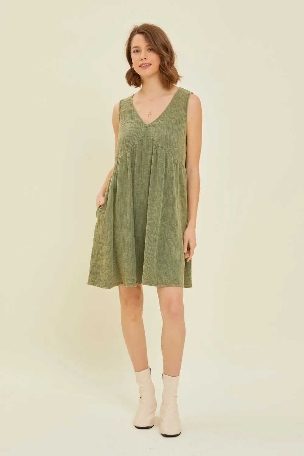 HEYSON Full Size Texture V-Neck Sleeveless Flare Mini Dress Trendsi